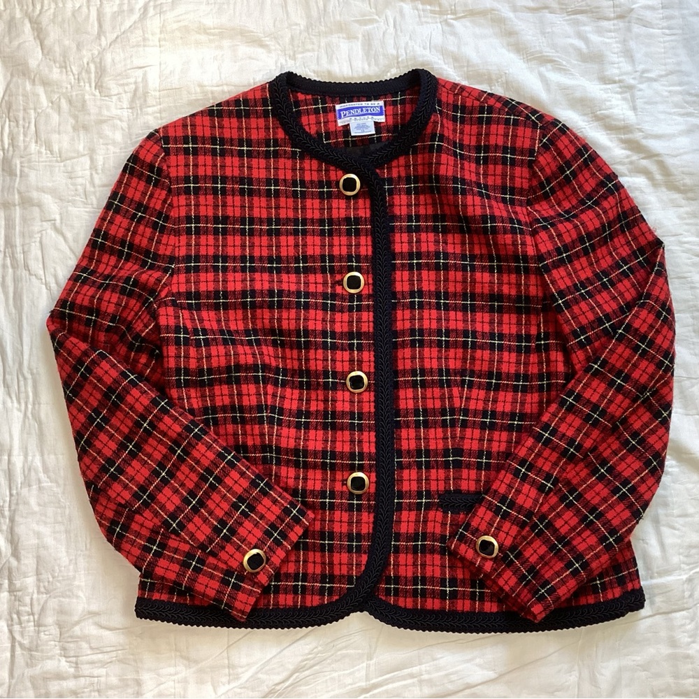 Vtg‎ Pendleton Petite USA Red Plaid Wool Blazer 12P